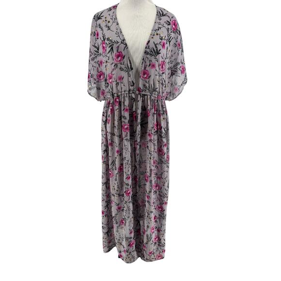 Torrid Plus Gray Pink Floral Lurex Sheer Duster Kimono Swim Cover-Up 00/0 NEW - Picture 1 of 5